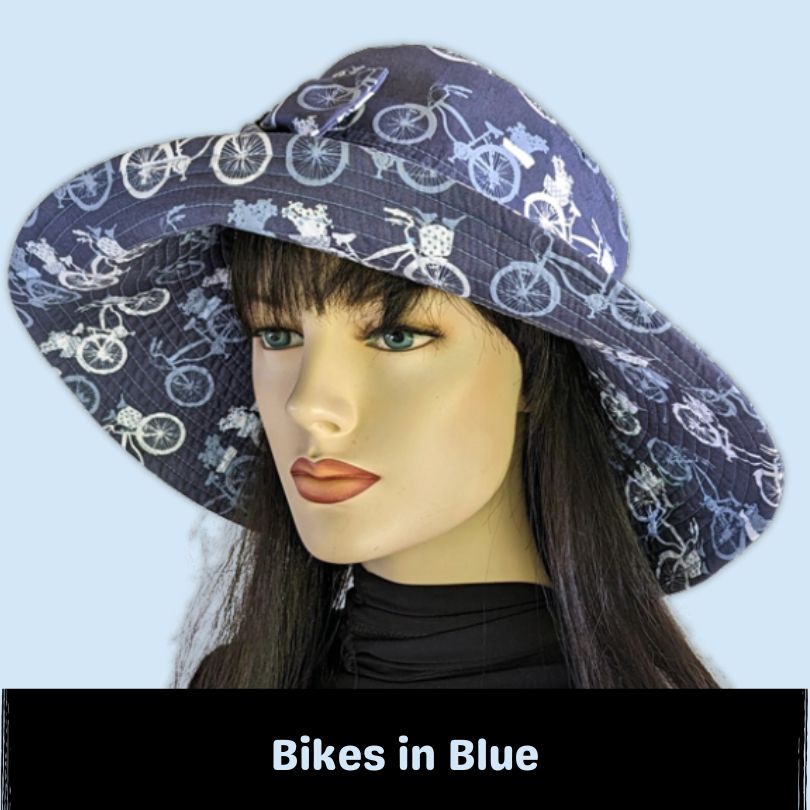 Big Brim Beach Hat, with bow and pretty bike inspired print in blues