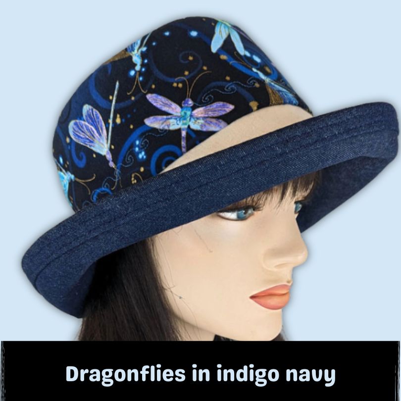 106-a Sunblocker UV summer sun hat with large wide brim featuring dragonfly print in navy
