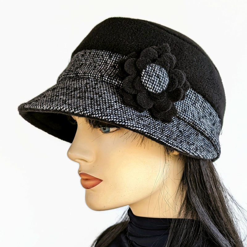 Rosie Cap with wrap around visor, removable floral pin, black tweed