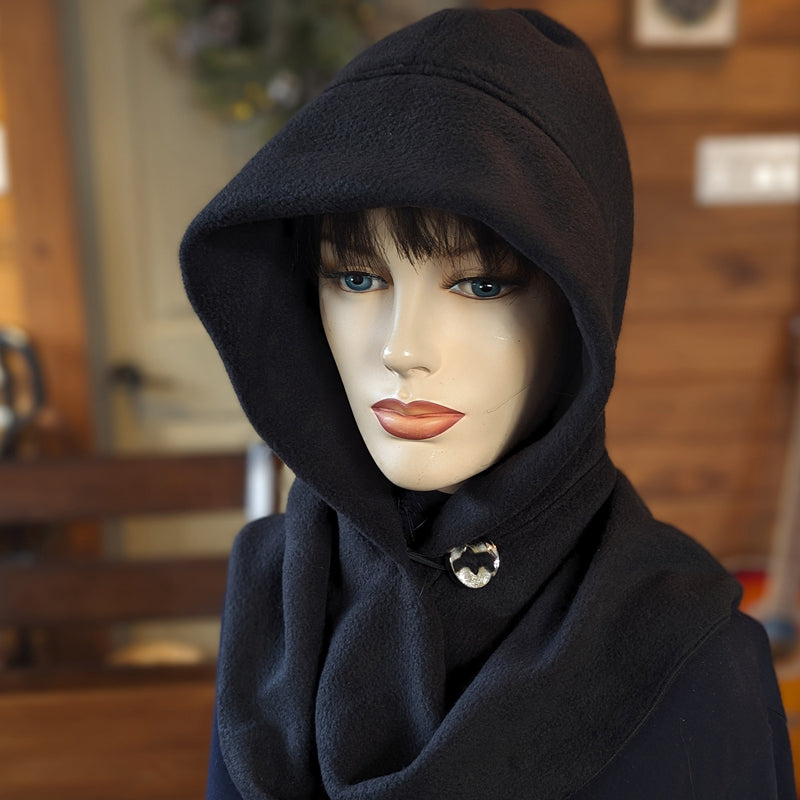 Fleece Hoodie Scarf, with button closure and wrap around ends, black