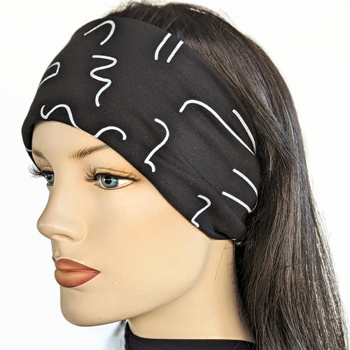 Bamboo blend wide turban style comfy wide knit headband, black white squiggles