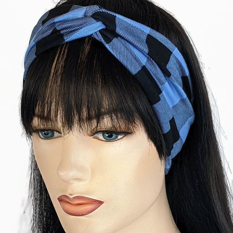 Bamboo blend wide turban style comfy wide knit headband, blue and black plaid