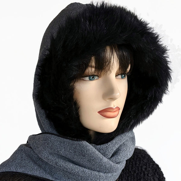 Fleece Hoodie Scarf, with premium plush faux fur trim, button closure -  madcaphats