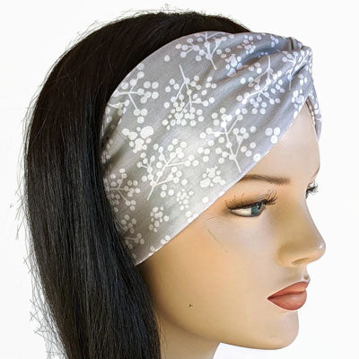 Premium, wide turban style comfy wide jersey knit headband, grey and white floral