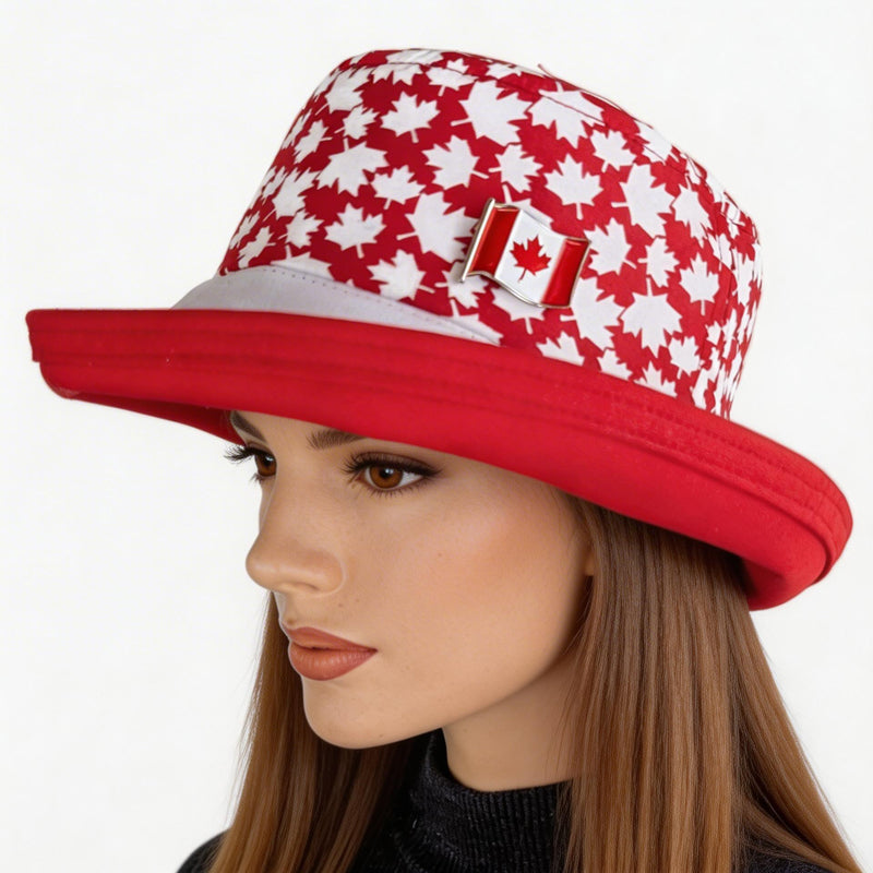 The Perfect Sun Hat Fun Hat, Canada red and white  patriotic print, with flattering brim mid size brim