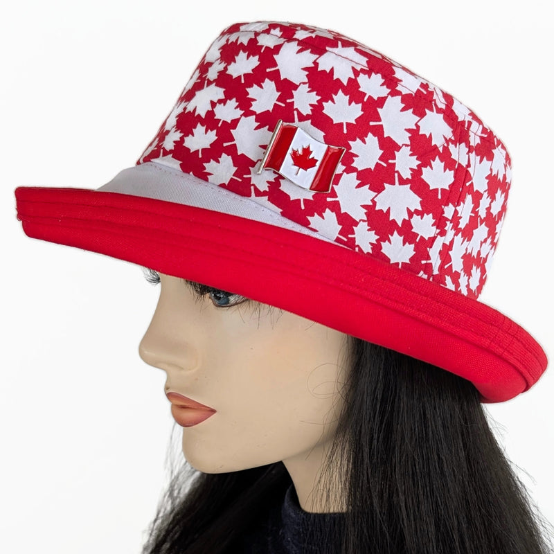 The Perfect Sun Hat Fun Hat, Canada red and white  patriotic print, with flattering brim mid size brim