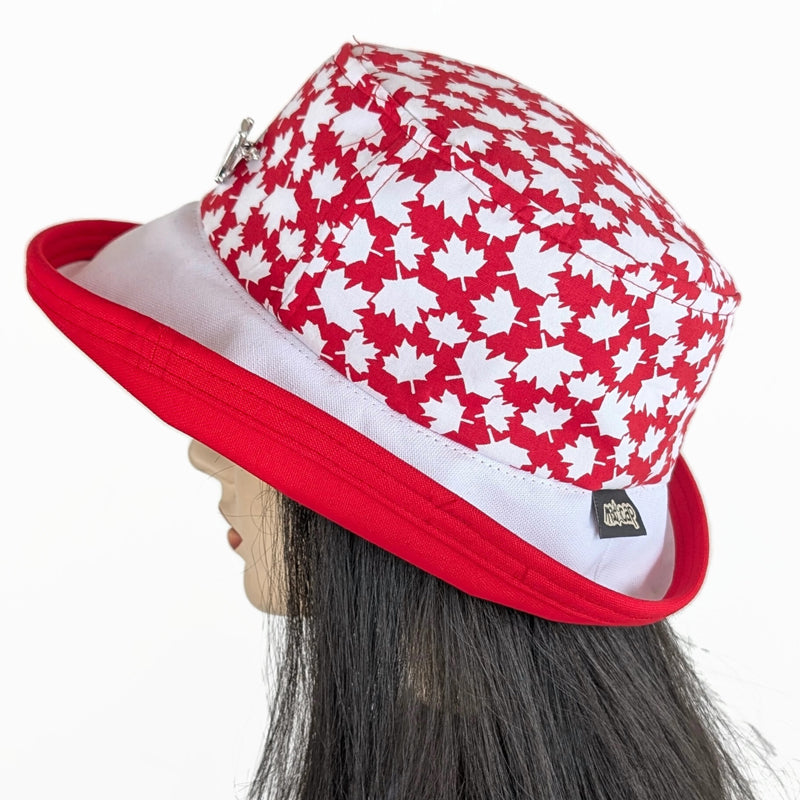 The Perfect Sun Hat Fun Hat, Canada red and white  patriotic print, with flattering brim mid size brim