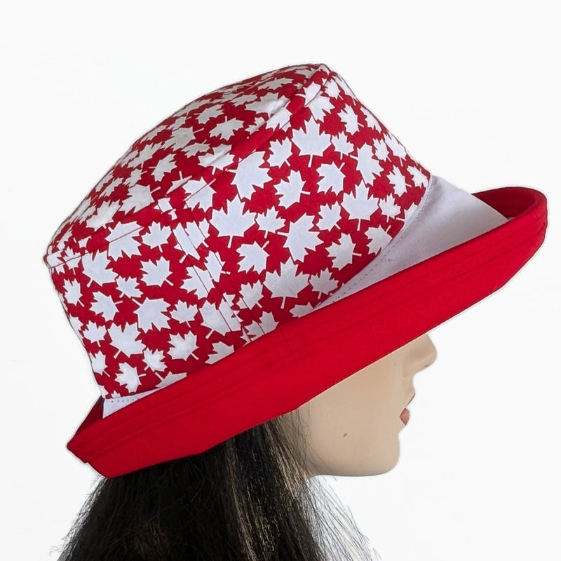 The Perfect Sun Hat Fun Hat, Canada red and white  patriotic print, with flattering brim mid size brim