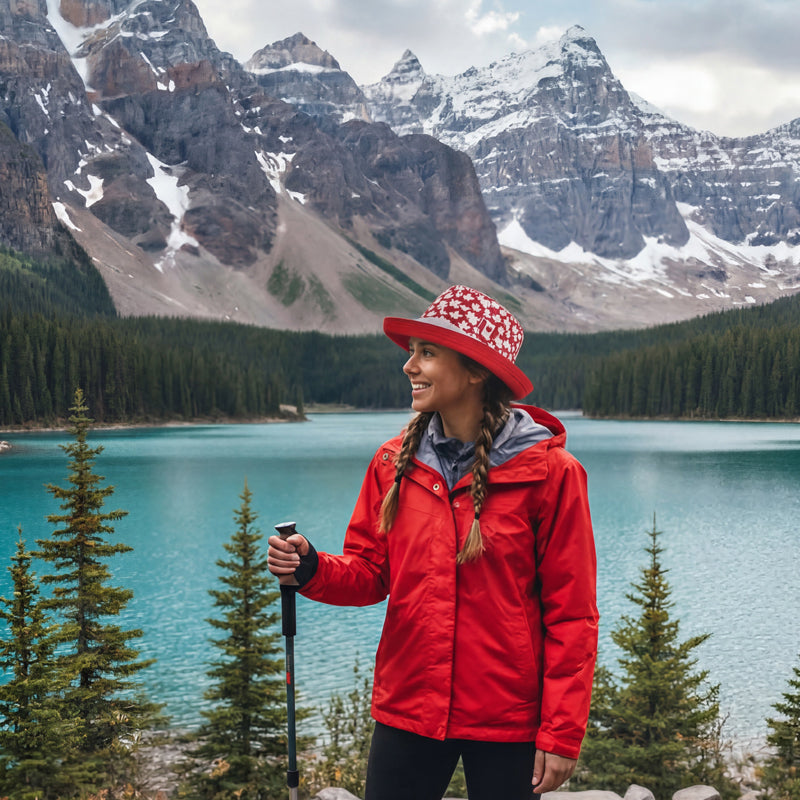 The Perfect Sun Hat Fun Hat, Canada red and white  patriotic print, with flattering brim mid size brim