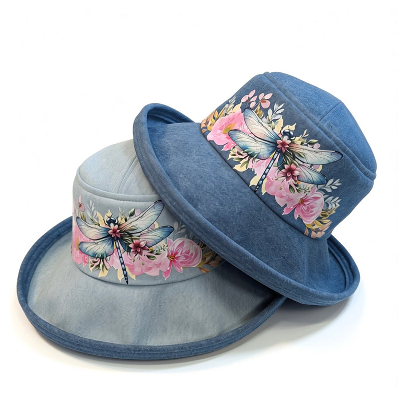 Sunblocker UV summer hat sun hat with wide brim, pastel pretty dragonfly floral, adjustable fit