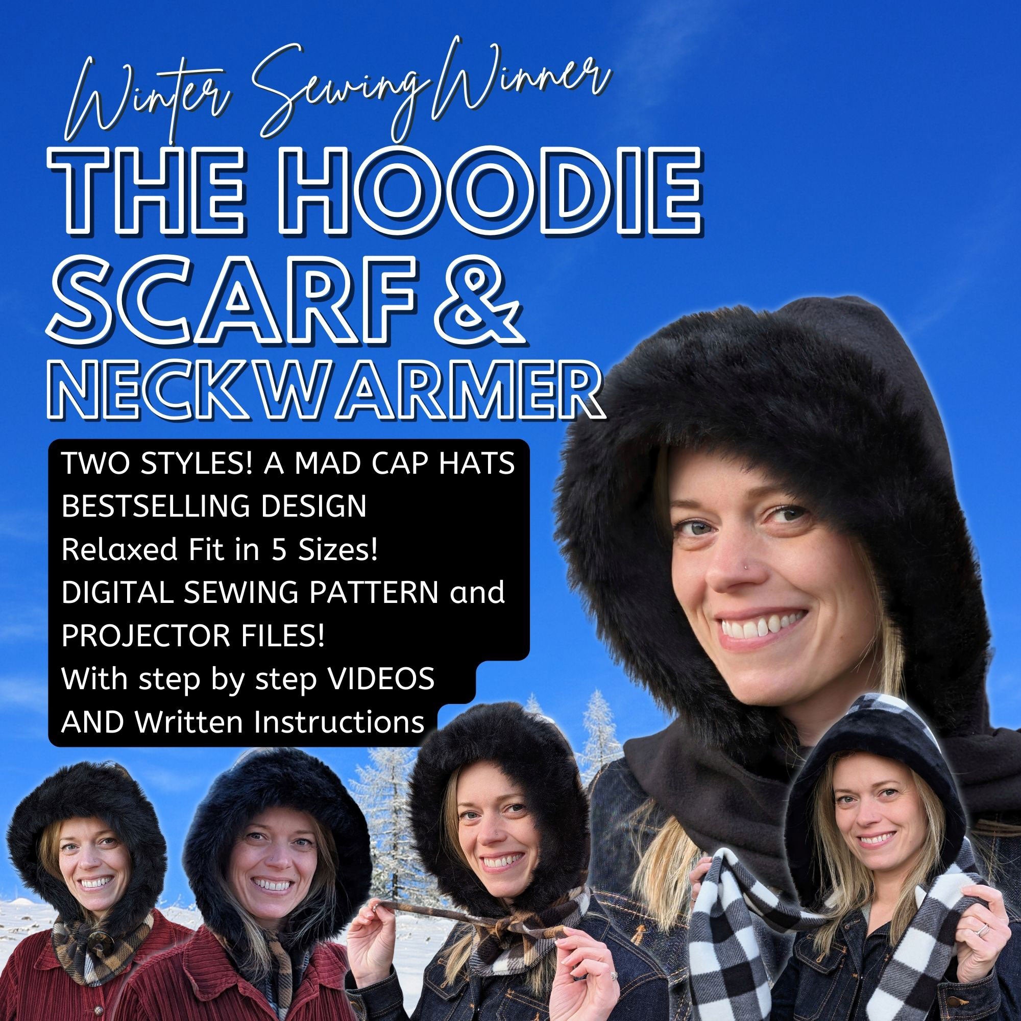 Hoodie Scarf and Neckwarmer, sewing pattern and instructions, digital files for printer and projector