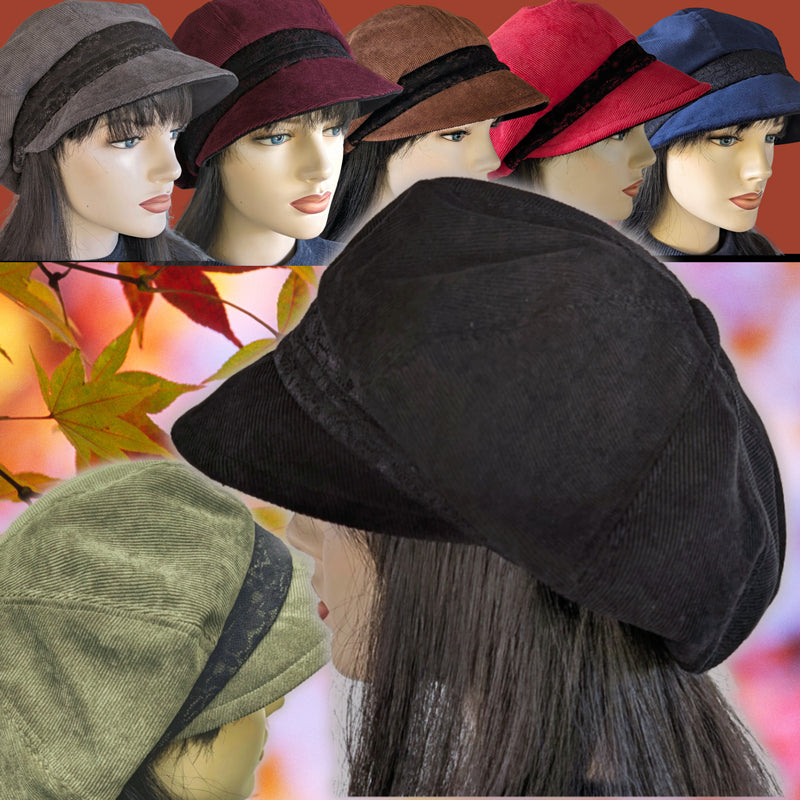 Newsboy Poorboy Fashion Cap with black lace trim, relaxed fit, Assorted Colors