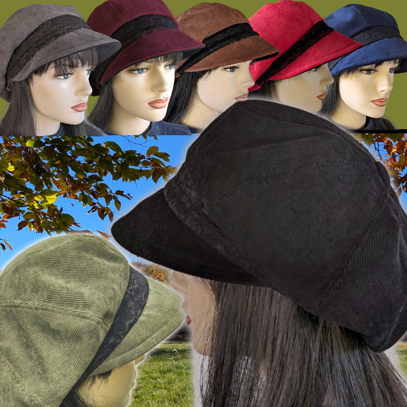 Newsboy Poorboy Fashion Cap, baggy fit, with black lace trim, assorted colors