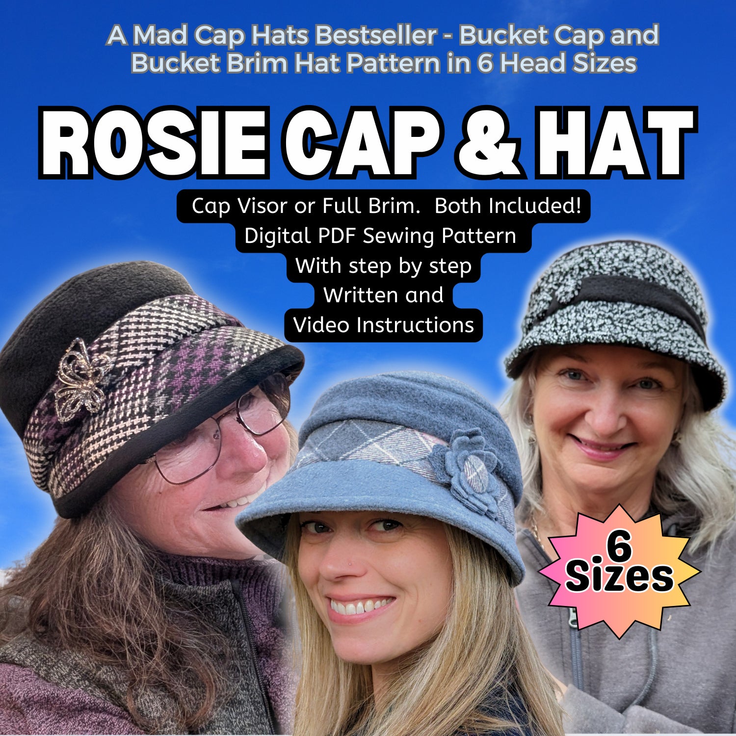 Rosie Bucket Cap and Hat, Digital Sewing Pattern in six head sizes, PD ...