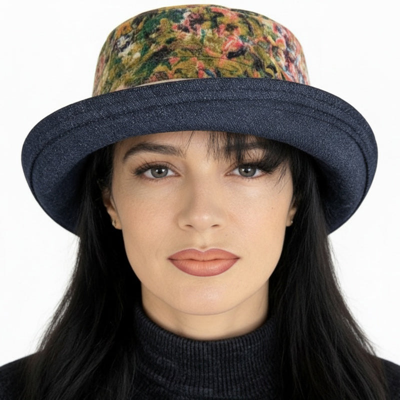 Sunblocker UV summer sun hat with wide brim, abstract garden in navy, adjustable fit