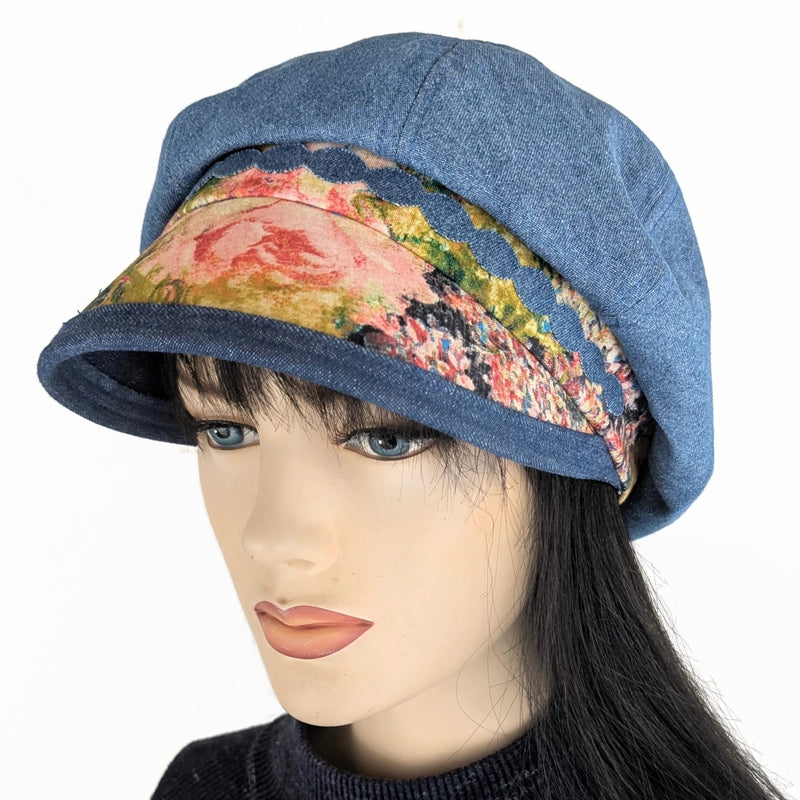Newsboy Fashion Cap, extra baggy fit,  washed denim with floral abstract trim