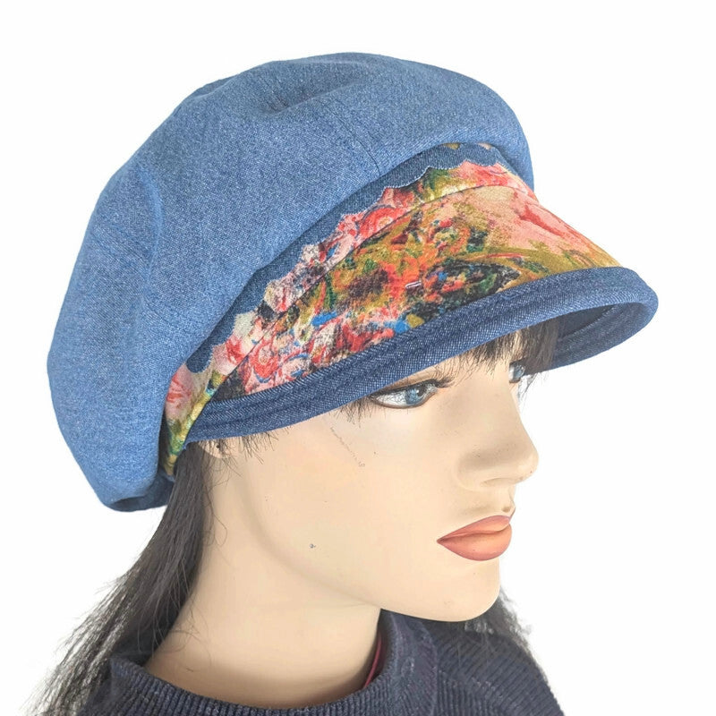 Newsboy Fashion Cap, extra baggy fit,  washed denim with floral abstract trim