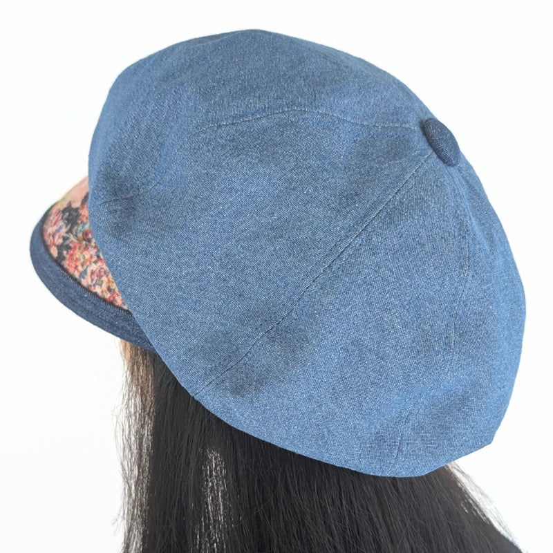 Newsboy Fashion Cap, extra baggy fit,  washed denim with floral abstract trim