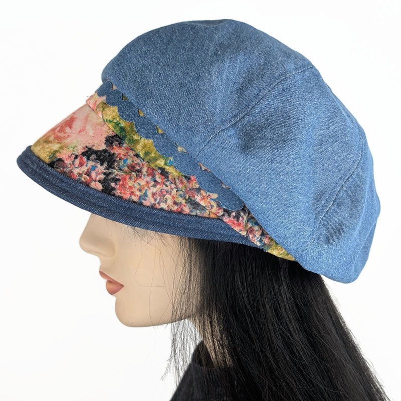 Newsboy Fashion Cap, extra baggy fit,  washed denim with floral abstract trim