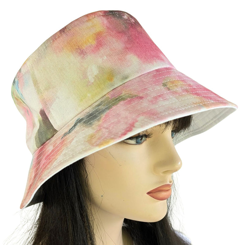 Sun Hat Perfect Bucket Hat, abstract pastel floral print, deep bucket brim