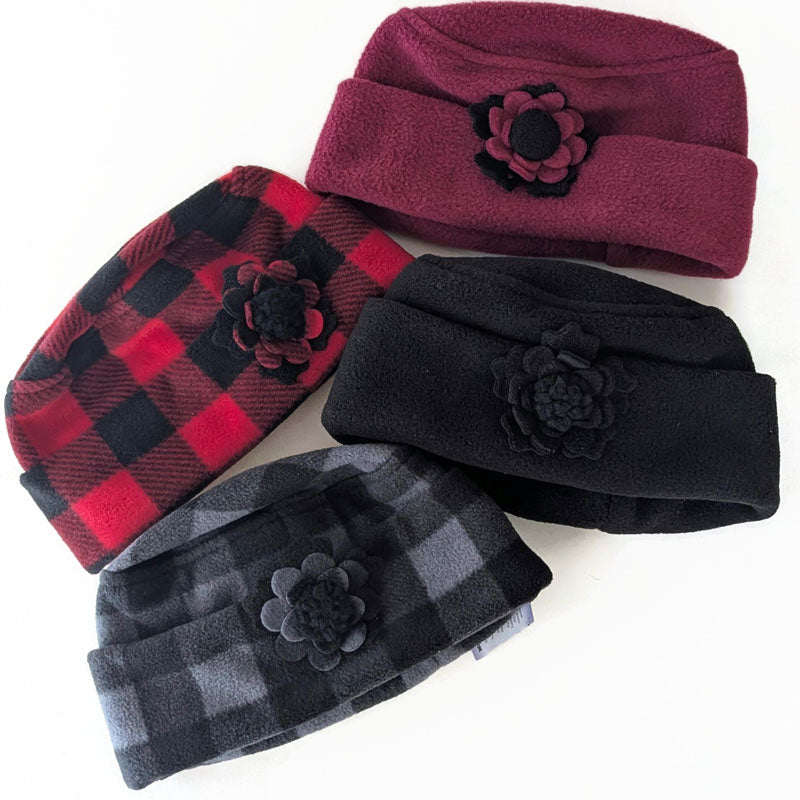 Fleece Fashion Toque with adjustable cuff, with floral pin trim, asst&#39;d colors