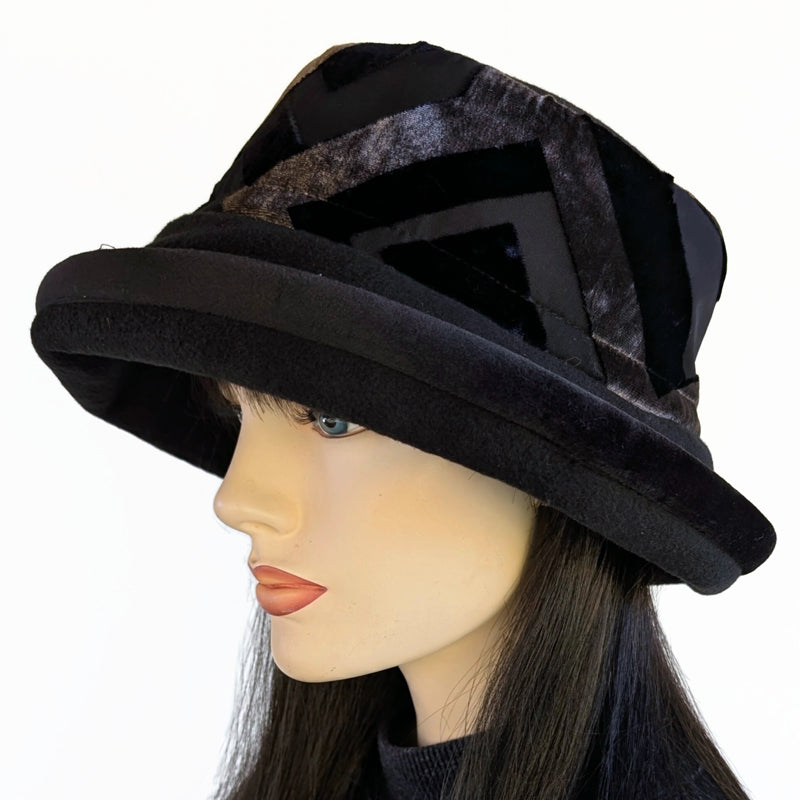 Premium Winter Fashion Hat in black with black and camel velvet band, velvet edge trim and wide brim