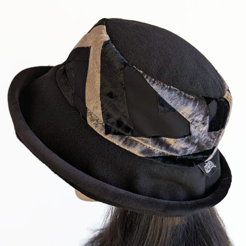 Premium Winter Fashion Hat in black with black and camel velvet band, velvet edge trim and wide brim