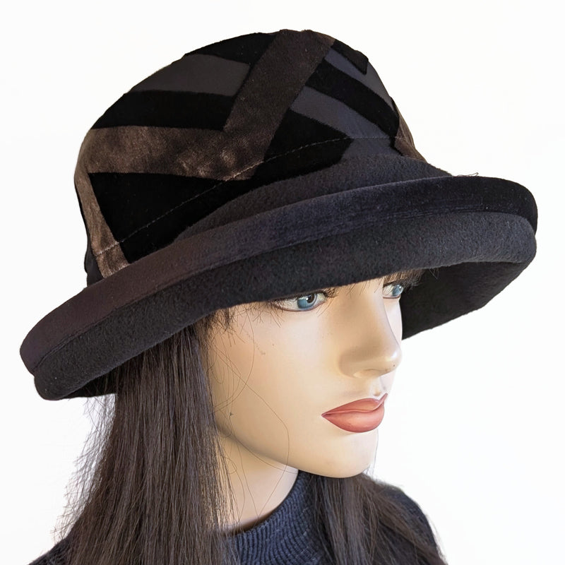 Premium Winter Fashion Hat in black with black and camel velvet band, velvet edge trim and wide brim