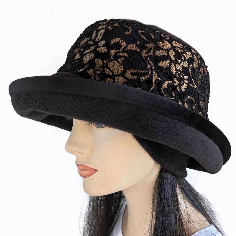 Premium Winter Fashion Hat with Earflaps, with black lace with golden floral accents band, black velvet edge trim and wide brim