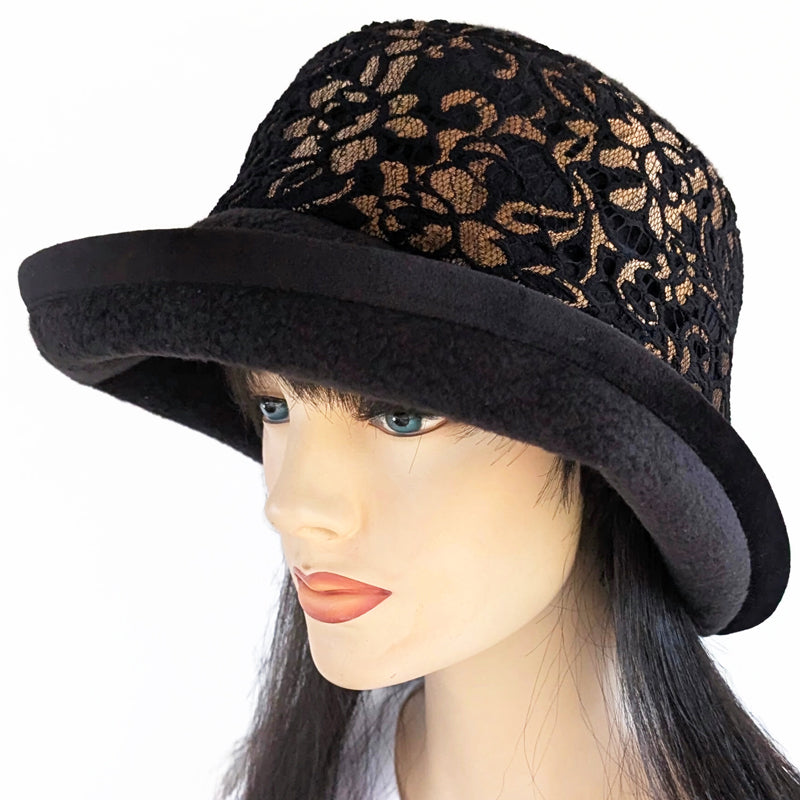 Premium Winter Fashion Hat with Earflaps, with black lace with golden floral accents band, black velvet edge trim and wide brim