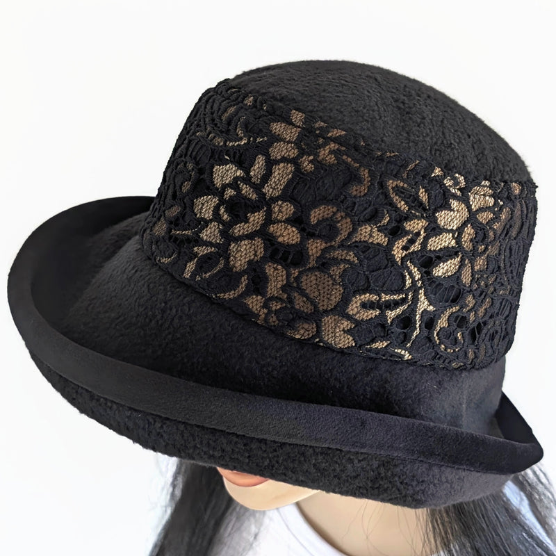 Premium Winter Fashion Hat with Earflaps, with black lace with golden floral accents band, black velvet edge trim and wide brim