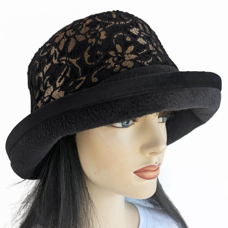 Premium Winter Fashion Hat with Earflaps, with black lace with golden floral accents band, black velvet edge trim and wide brim