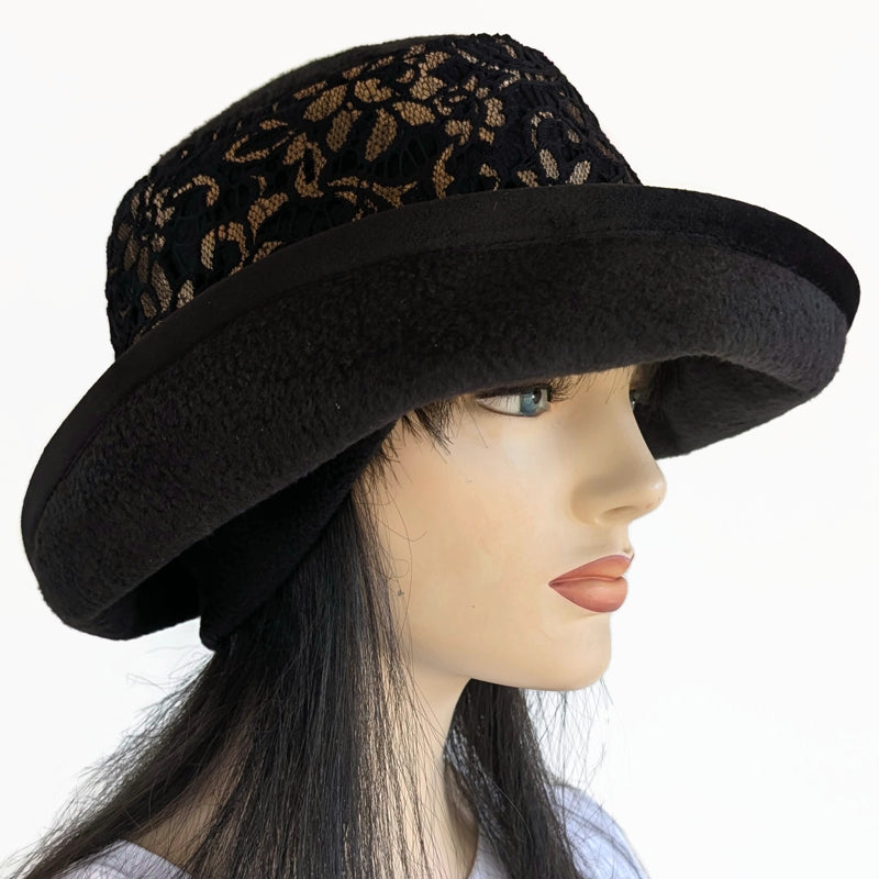 Premium Winter Fashion Hat with Earflaps, with black lace with golden floral accents band, black velvet edge trim and wide brim