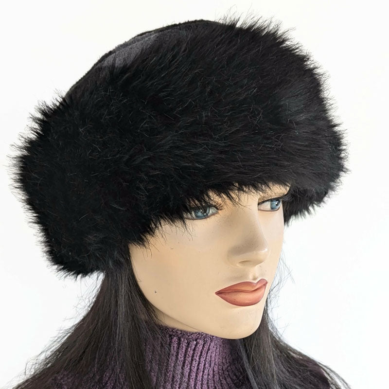 Faux Fur and Fleece Fashion Pillbox Beanie Toque Hat, black with black and grey check