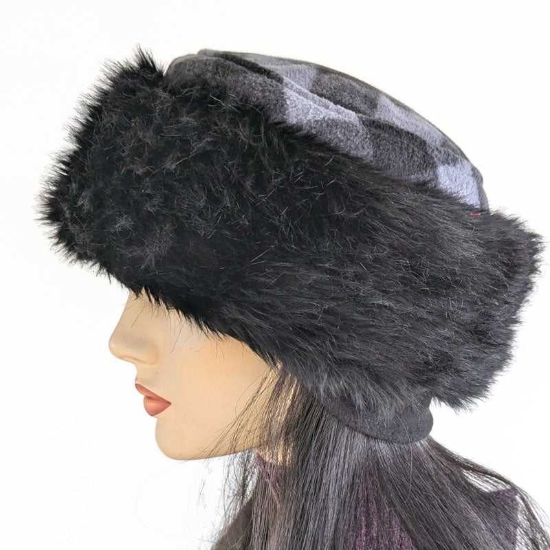 Faux Fur and Fleece Fashion Pillbox Beanie Toque Hat, black with black and grey check