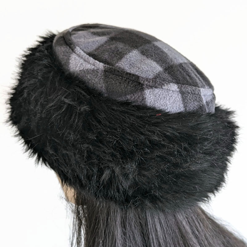 Faux Fur and Fleece Fashion Pillbox Beanie Toque Hat, black with black and grey check