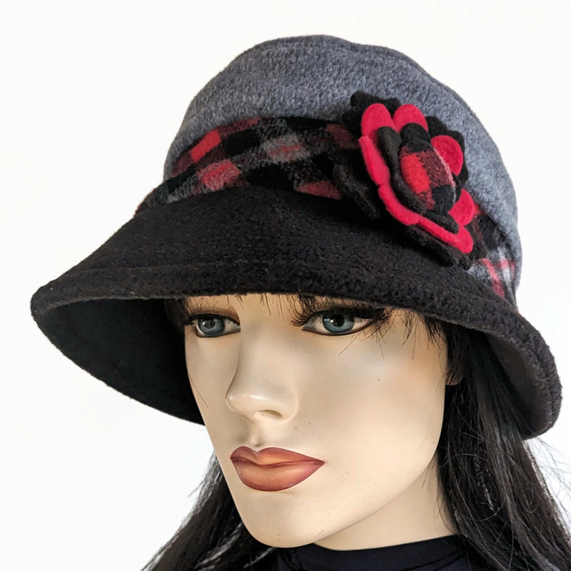 Rosie Winter Bucket Hat, black grey red plaid, with flower pin trim