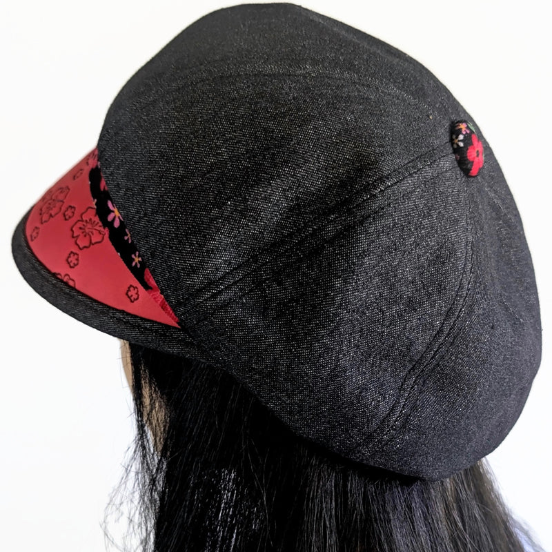 Baggy Poorboy Fashion Cap in black denim, embossed vinyl visor, cord red floral trim
