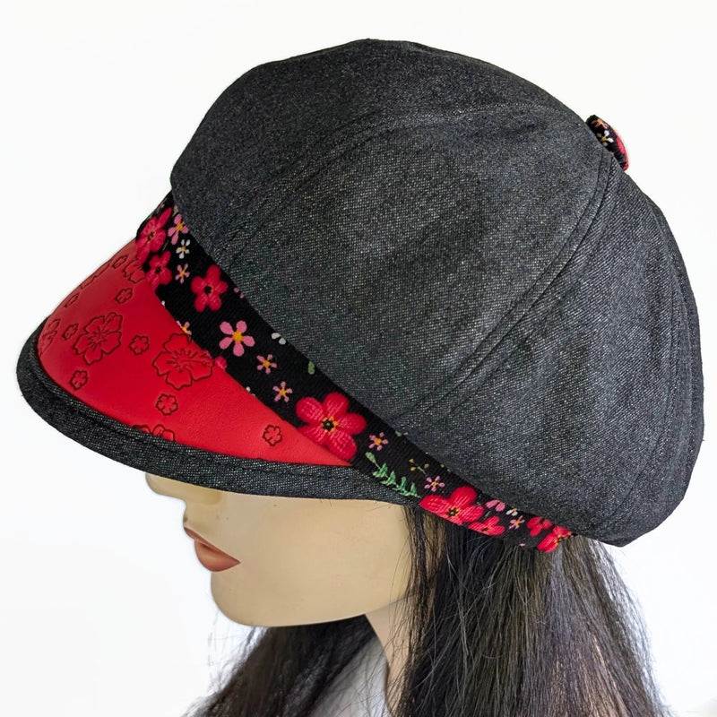 Baggy Poorboy Fashion Cap in black denim, embossed vinyl visor, cord red floral trim