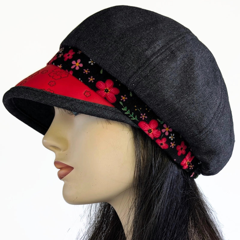 Baggy Poorboy Fashion Cap in black denim, embossed vinyl visor, cord red floral trim