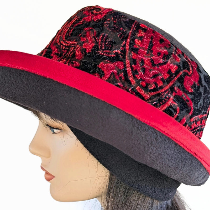 Premium Winter Fashion Hat with Earflaps, with black and red plush velvet band, red velvet edge trim and wide brim, size large
