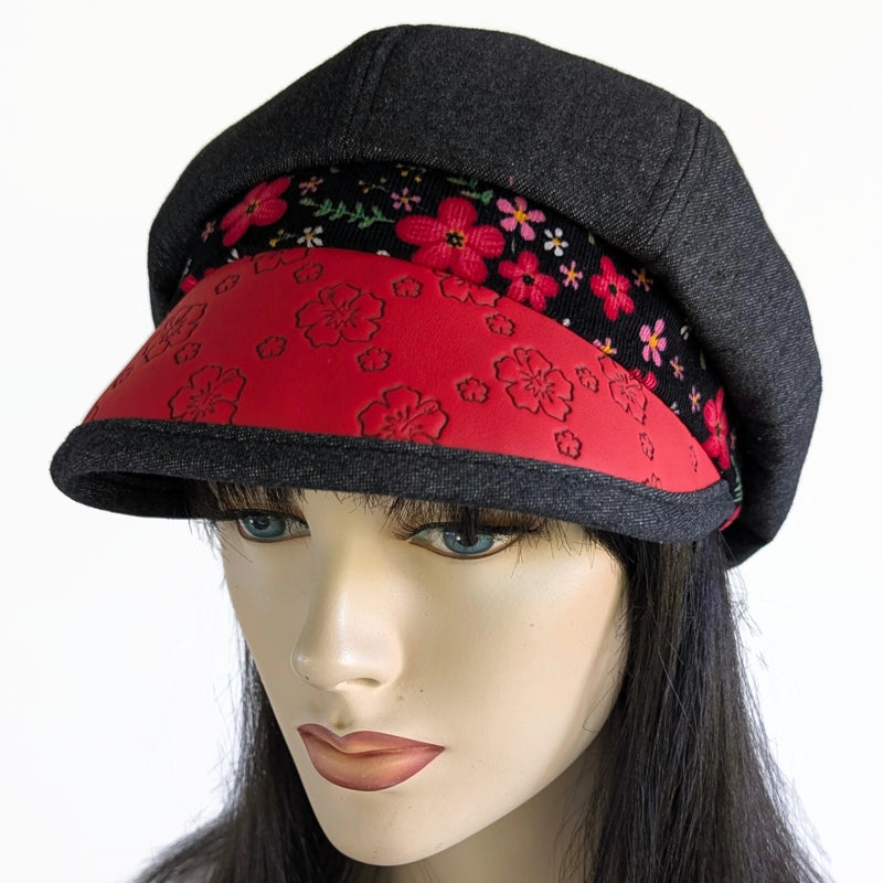 Baggy Poorboy Fashion Cap in black denim, embossed vinyl visor, cord red floral trim