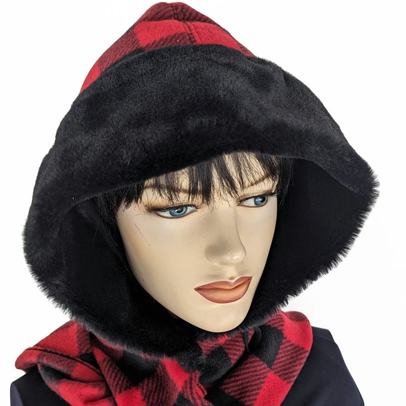 Fleece Hoodie Scarf, with button closure and wrap around ends, lining, red and black buffalo check, faux fur trim