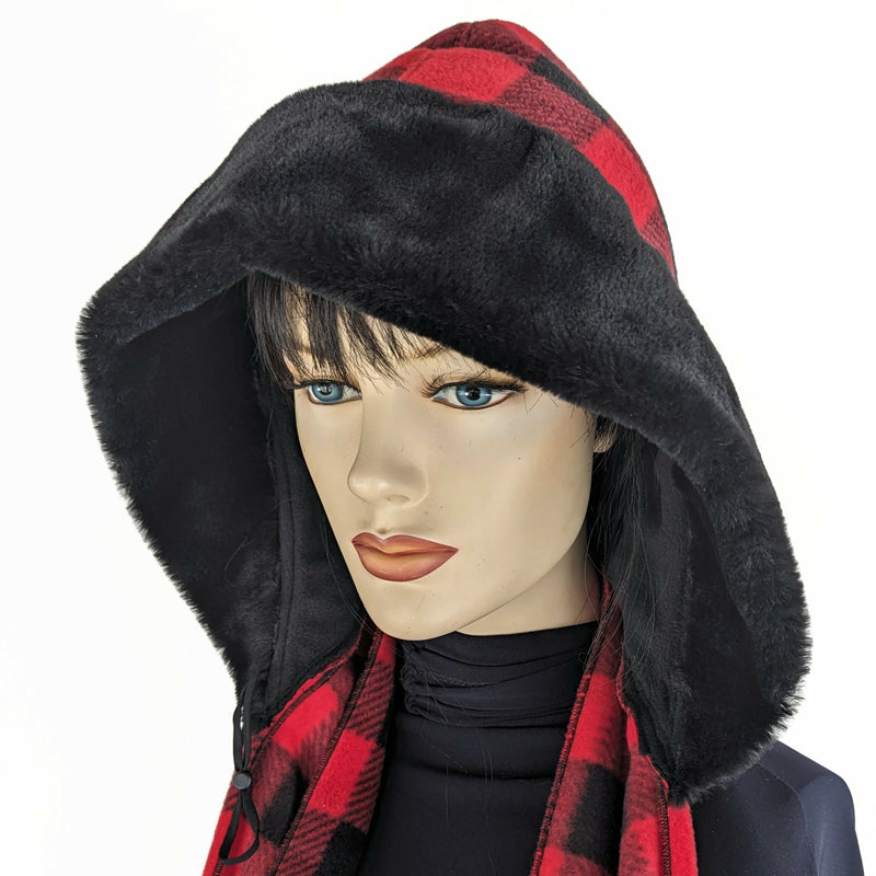Fleece Hoodie Scarf, with button closure and wrap around ends, lining, red and black buffalo check, faux fur trim
