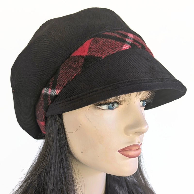 Baggy Poorboy Fashion Cap in black cord, red plaid and velvet trim with wide flattering visor, one size fit