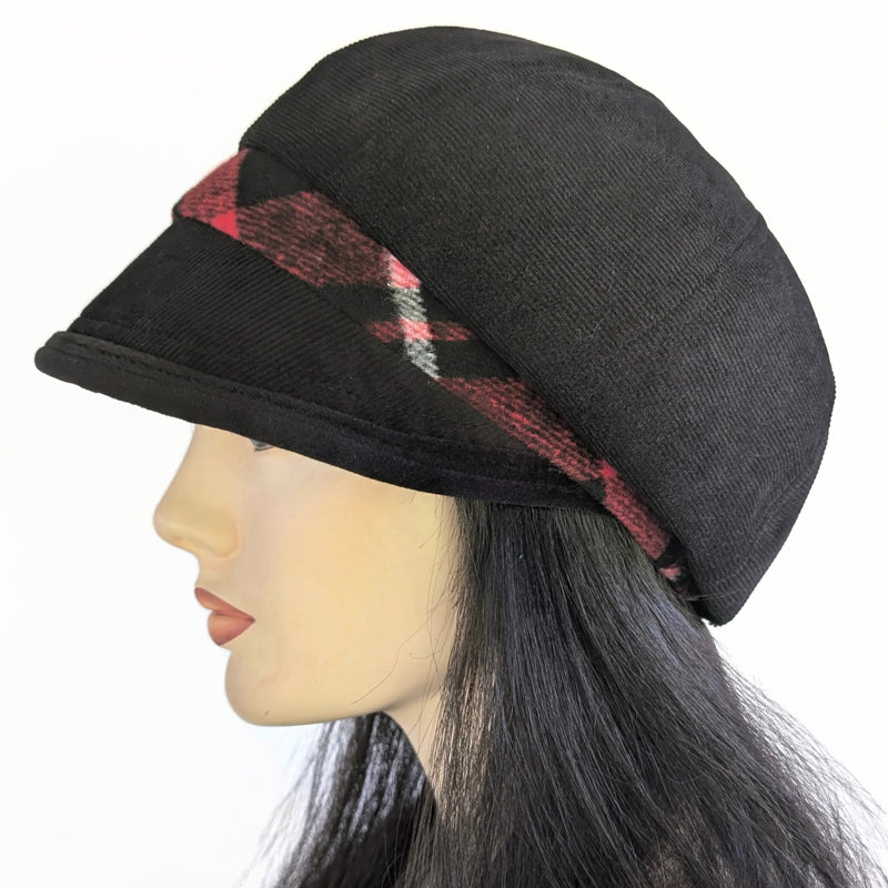 Baggy Poorboy Fashion Cap in black cord, red plaid and velvet trim with wide flattering visor, one size fit