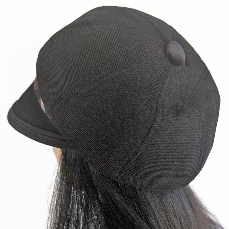 Baggy Poorboy Fashion Cap in black cord, red plaid and velvet trim with wide flattering visor, one size fit