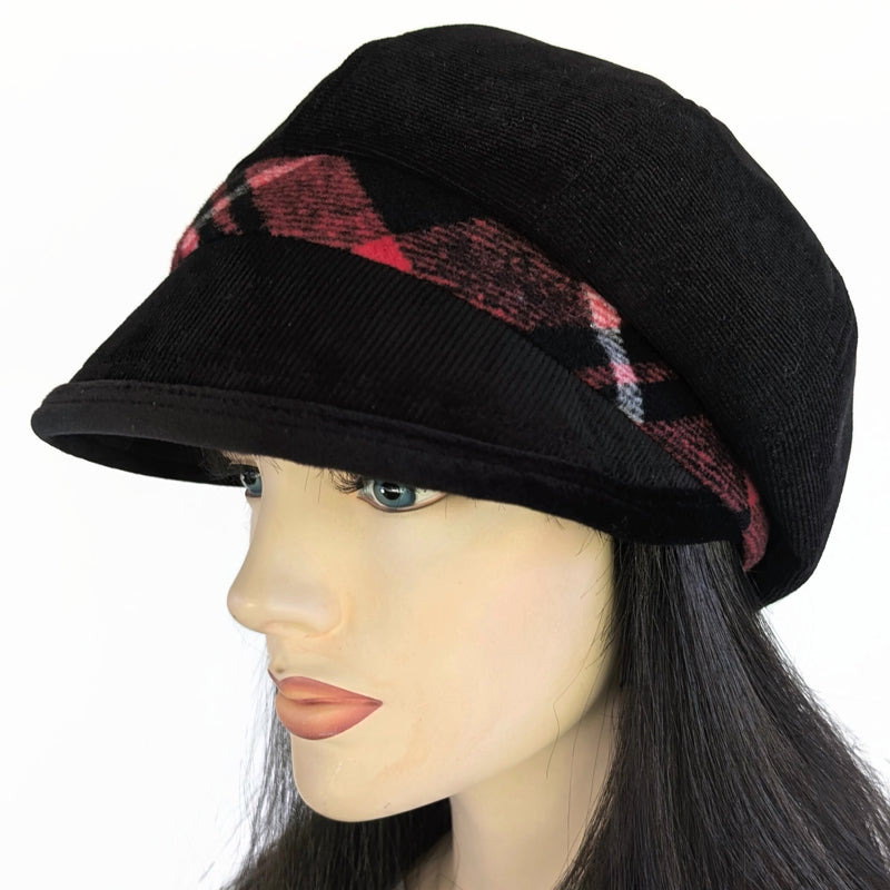 Baggy Poorboy Fashion Cap in black cord, red plaid and velvet trim with wide flattering visor, one size fit