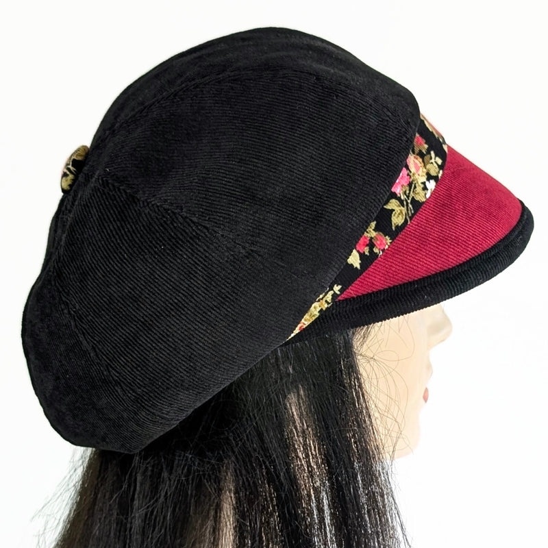 Baggy Poorboy Fashion Cap in  cord, red and black roses, with wide flattering visor, one size fit