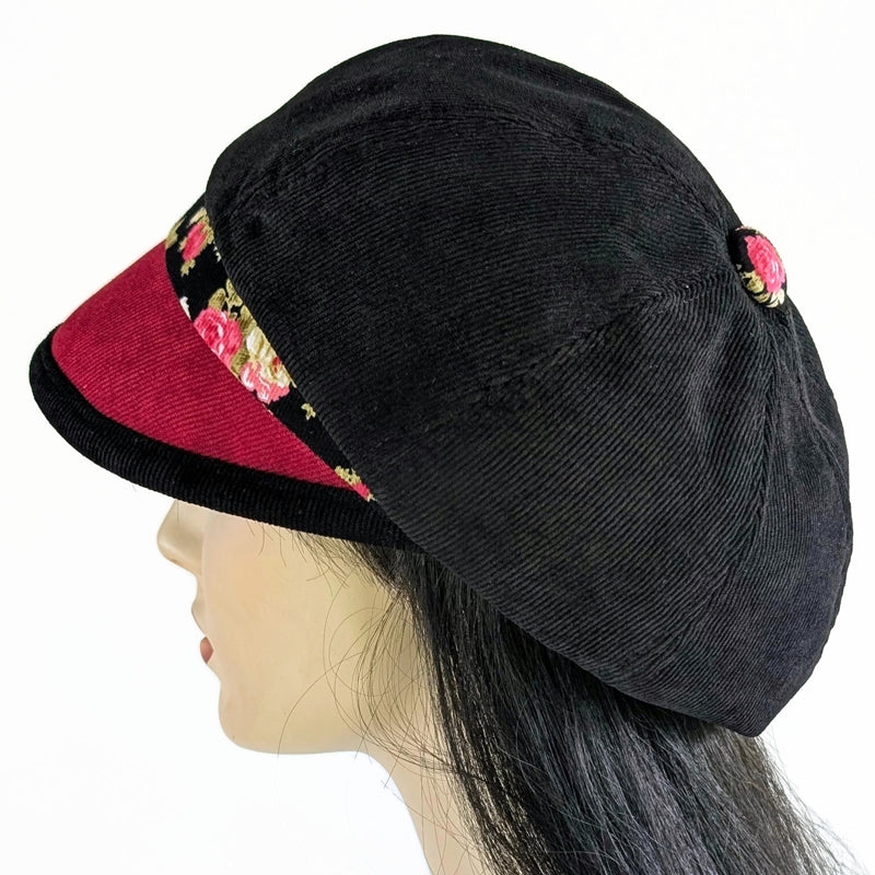 Baggy Poorboy Fashion Cap in  cord, red and black roses, with wide flattering visor, one size fit